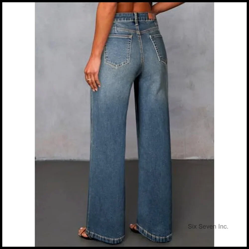 Wide Leg Jeans High Waisted Stretchy Baggy Front Seam Denim Pants Y2K